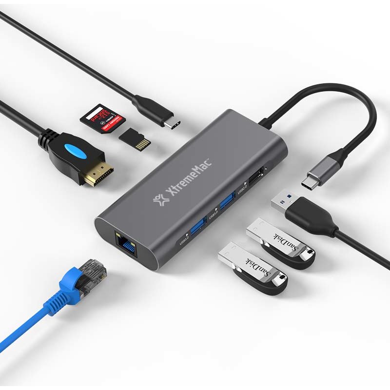 XtremeMac XWH-HUB8-13 hub & concentrateur USB Type-C 40000 Mbit/s Gris