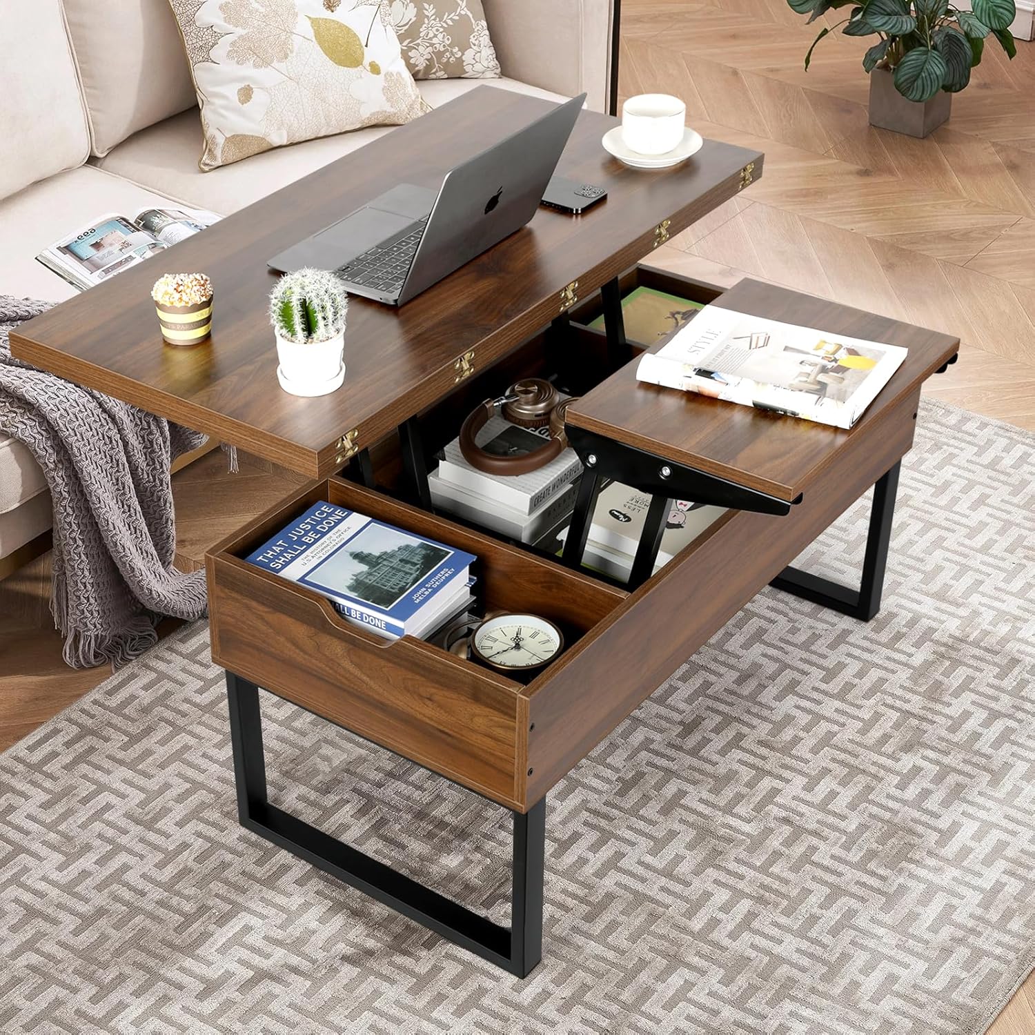 VOWNER Couchtisch Höhenverstellbar, 3-in-1-Multifunktions-Wohnzimmertisch mit Versteckter Aufbewahrung, Couchtisch Umwandelbar in Wohnzimmer-Esstisch, Walnussfarbe