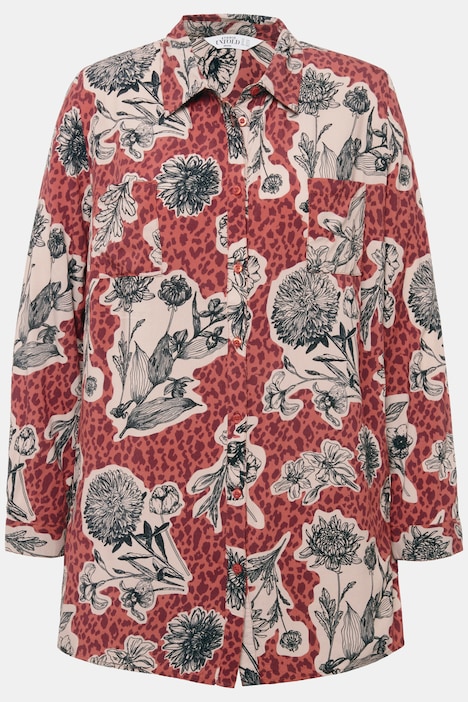 Hemdbluse, Boxy Shape, Flower-Print, Hemdkragen, Langarm