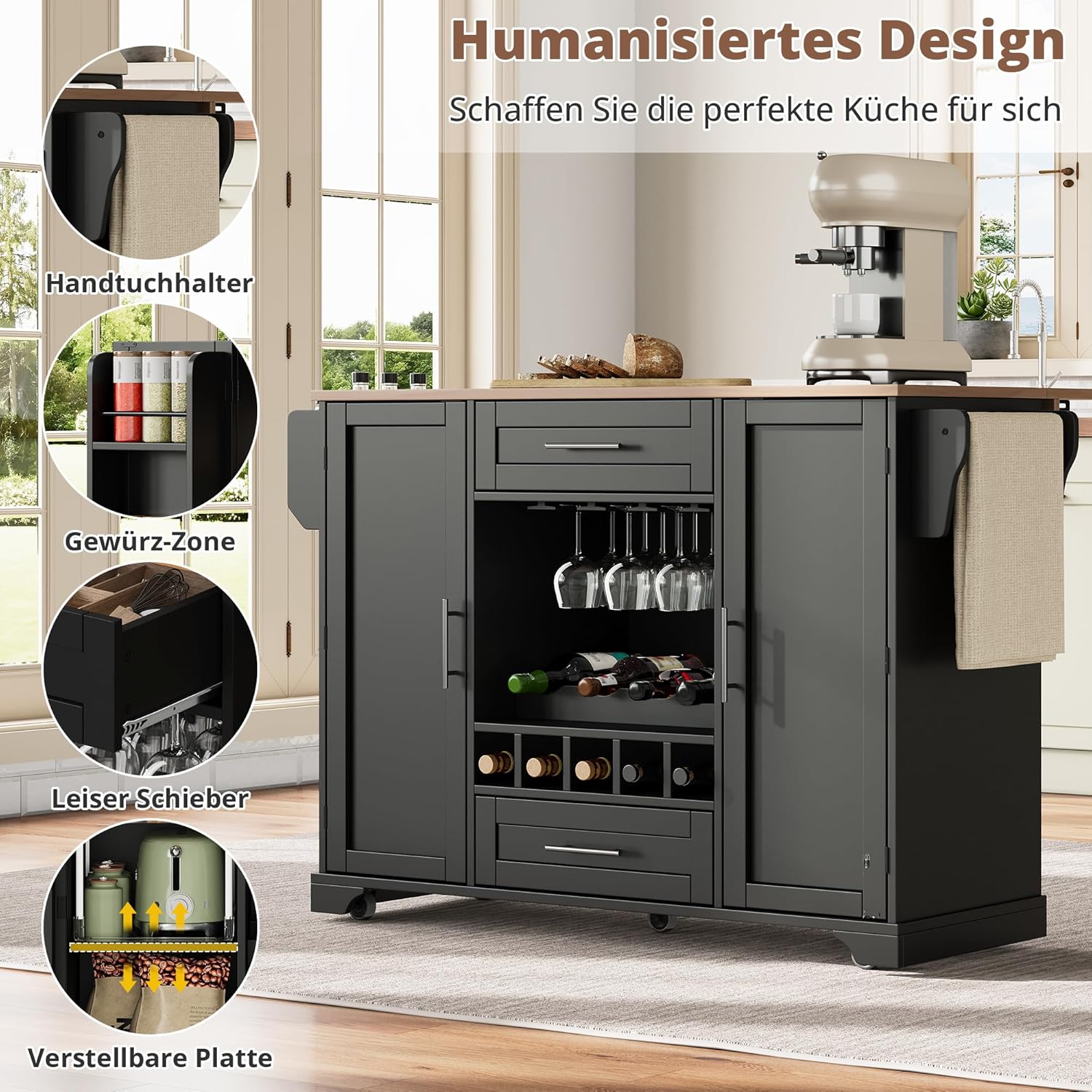 Kücheninsel Küchenschrank mit Klappbare Arbeitsplatte und Weinregal, Buffetschrank Küchenwagen mit Rollen und Handtuchhalter, Küchenbuffet, Küchenmöbel, Schrank Schwarz, 138x45-70x92 cm