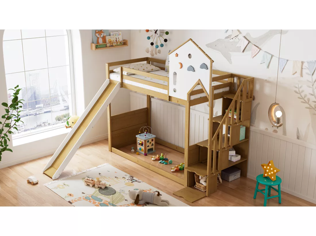 Lit superposé 2 x 90 x 200 cm avec 4 tiroirs, toboggan etétagères de rangement - pin + MDF - blanc+naturel (sans matelas)