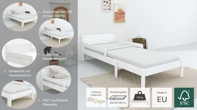 GOODproduct Kinderbett »Hero, Massivholzbett, ausziehbar von 140 bis 200 cm, FSC®« 90cm Breite, 140-200cm Liegefläche,  massive Kiefer, mit Lattenrost, zeitlose Optik,  Rausfallschutz
