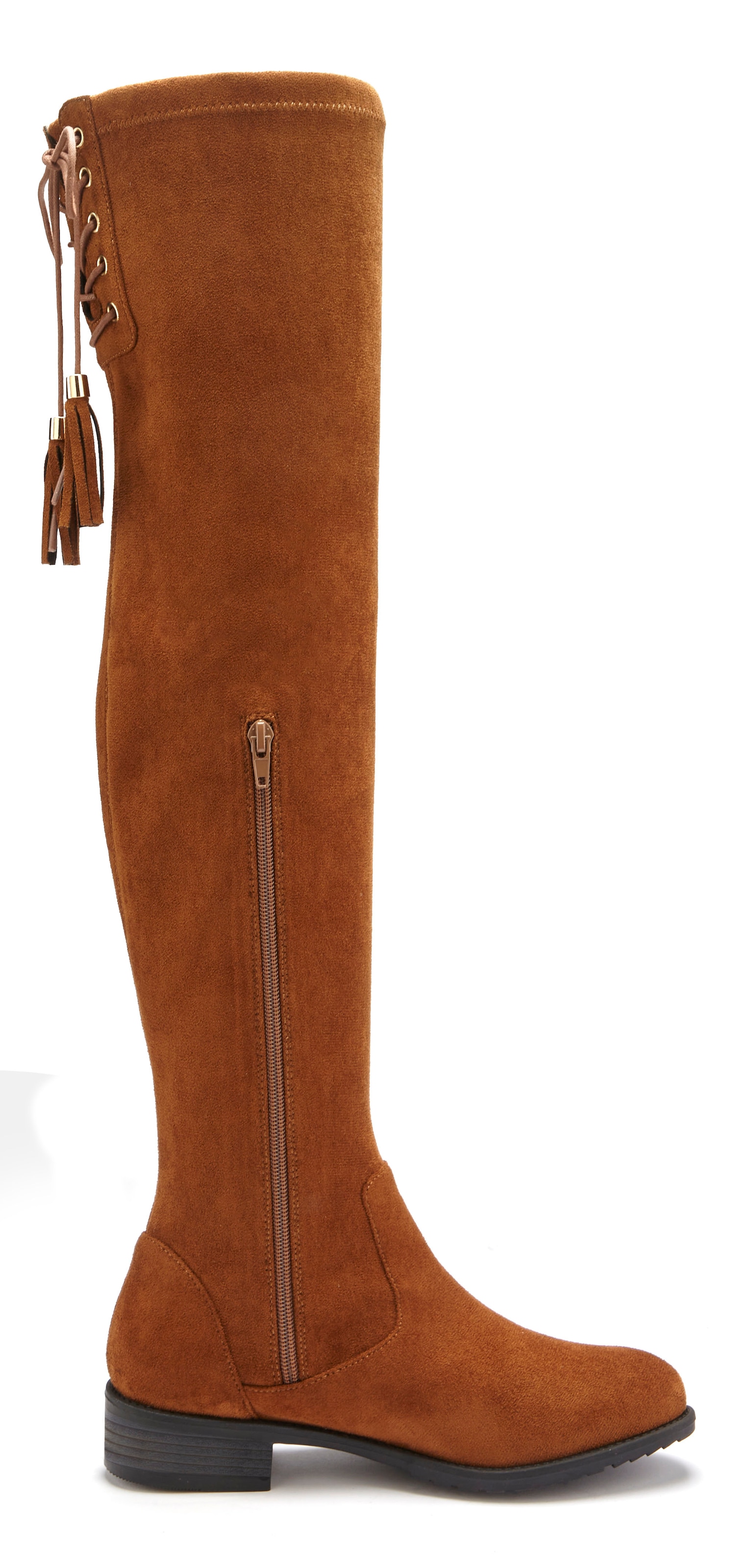 LASCANA Overkneestiefel »Stiefel, Langschaftstiefel«  mit elastischem Weitschaft und raffiniertem Flechtdetail