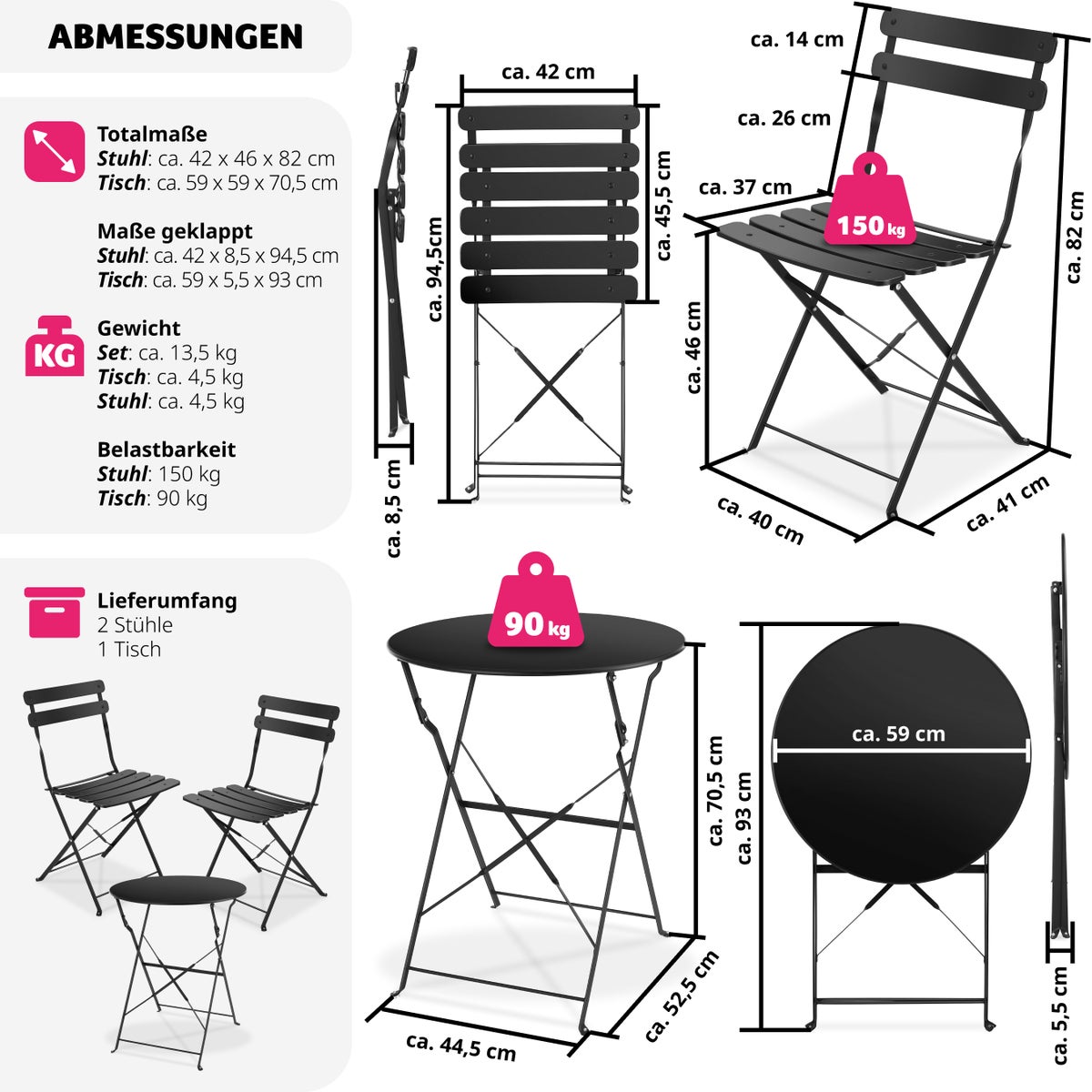 Bistrotafelset tectake Frieda voor 2 personen, stoeldraagvermogen 120 kg