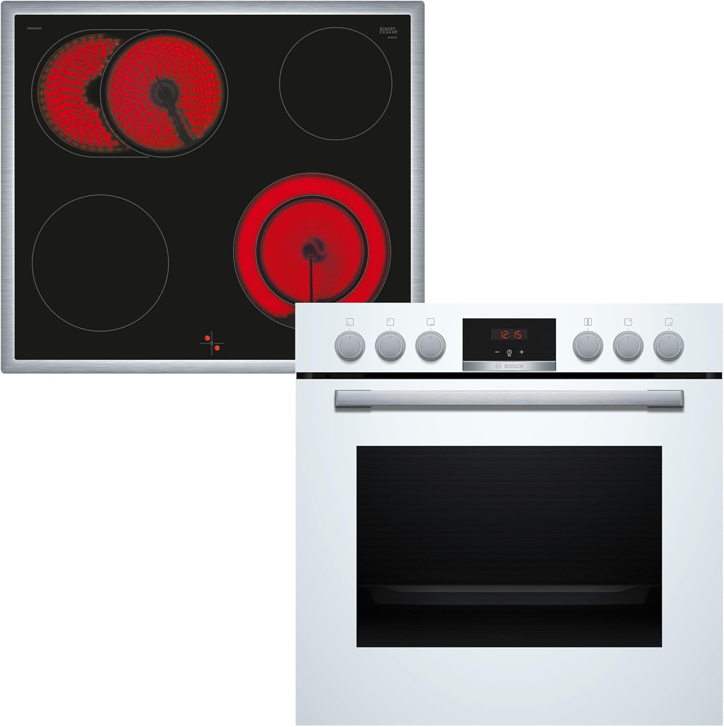 Bosch HND411LW63, Einbau-Herd-Set, Einbau-Herd 60 cm, HEA513BS3, Serie 4, 3D Heißluft, Einfache Bedienung, Weiß & Elektro-Kochfeld 60 cm, NKN645GA2E, Serie 4, Herdgesteuert, 21cm Kochzone, Mit Rahmen