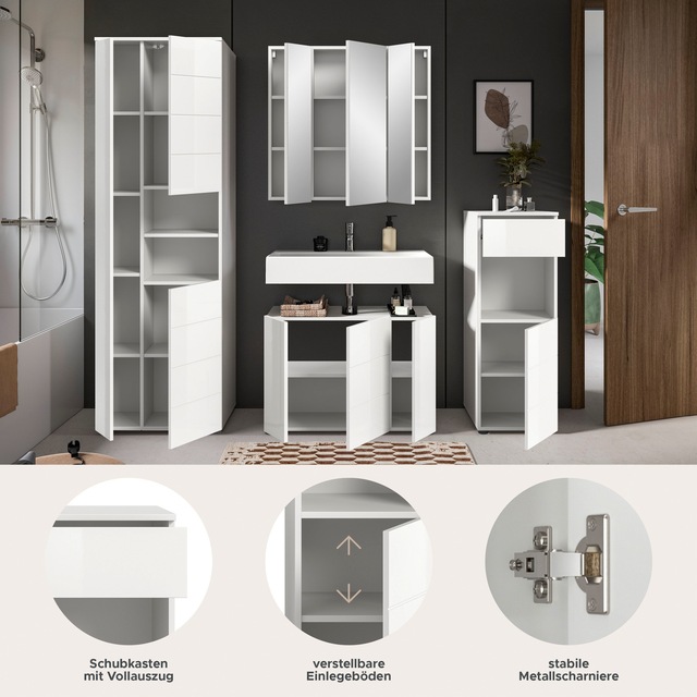 welltime Badmöbel-Set »Biel, Höhe 190 cm, Hochschrank, Unterschrank, Spiegel, Standschrank« 4 Stk. tlg.