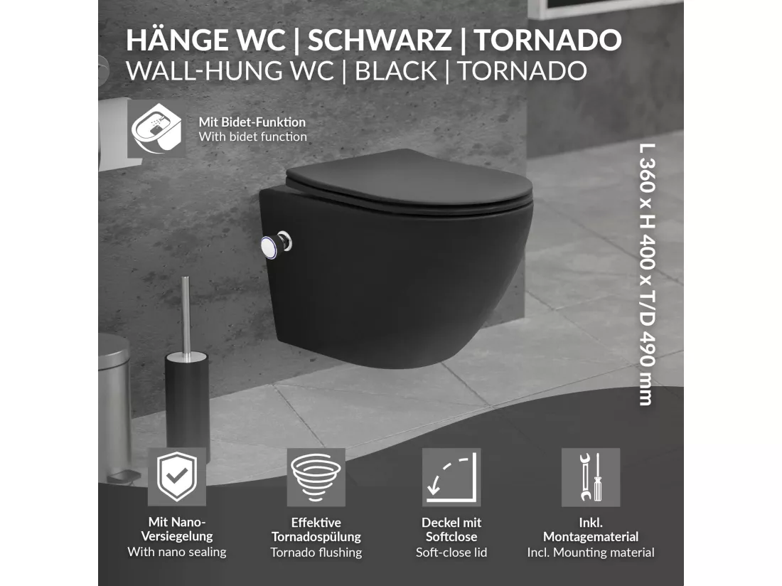 WC suspendu chasse d'eau tornado nano fonction bidet noir mat siège Softclose