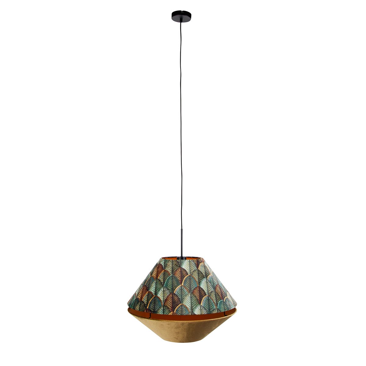 Hanglamp zwart met dubbele velours lampenkap blad dessin en beige - Combi 1