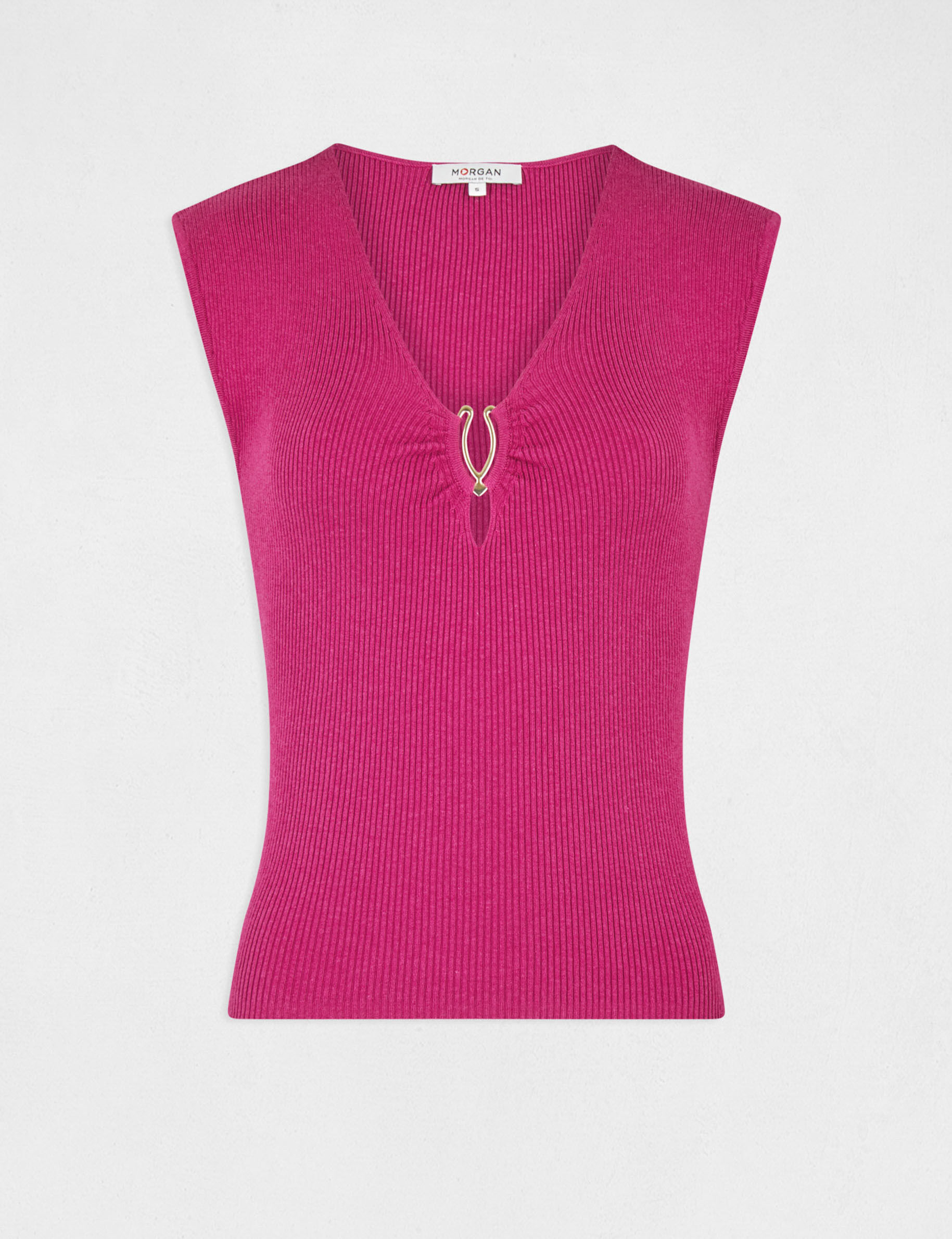 Pull manches courtes col détail bijou framboise femme - framboise