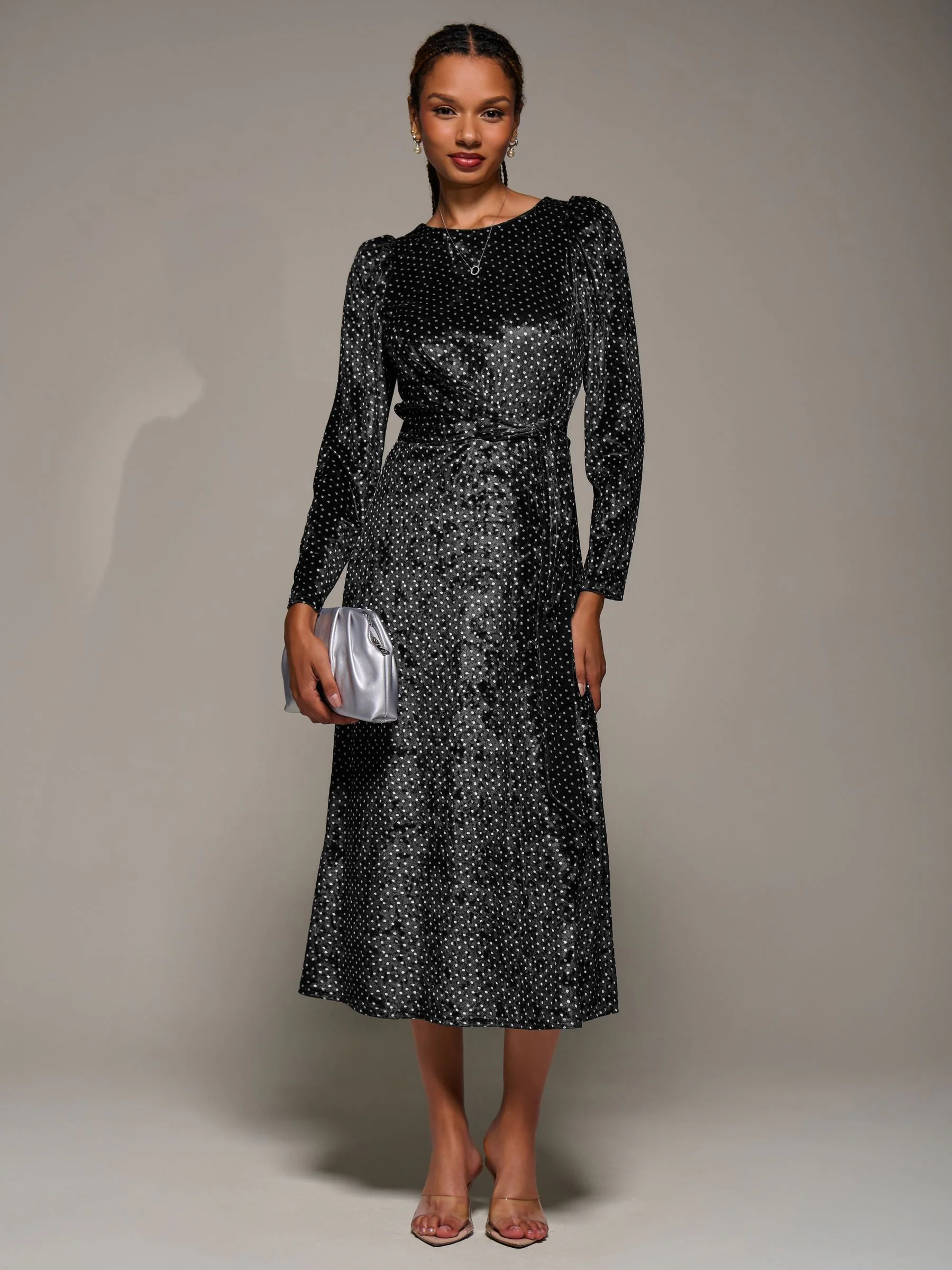Jolie Moi Long Sleeve Velvet Tie Detail Midi Dress