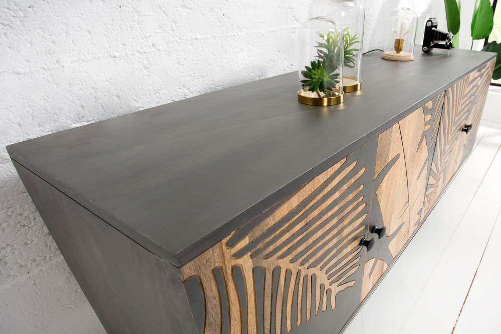 Massives Sideboard TROPICAL 160cm grau Mangoholz florales Design Boho Metallgestell