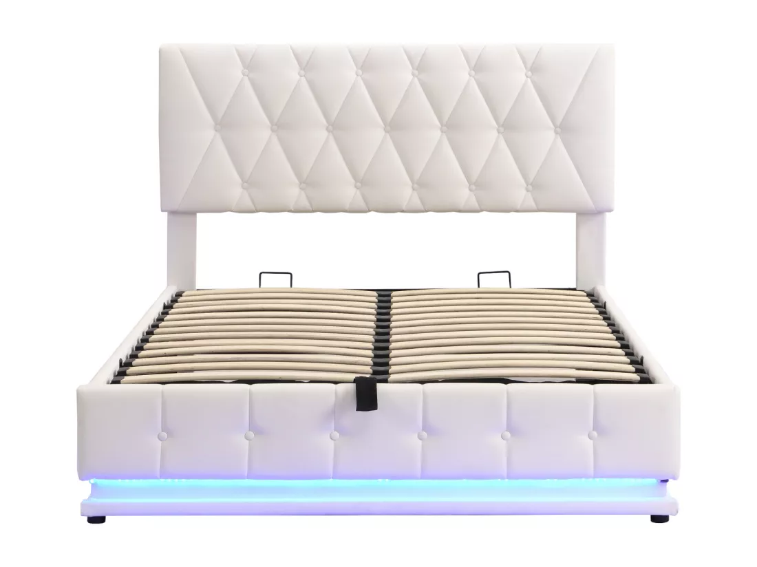 Lit coffre 140x200 cm avec tête de lit diamant, éclairage LED et coffre de lit, relevage hydraulique, sommier à lattes, lit adulte style contemporain, simili cuir - Blanc