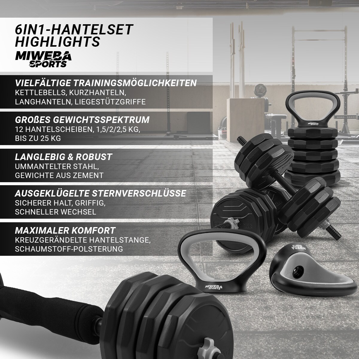 Miweba Sports 6in1-Hantelset, Kurzhanteln-Langhantel-Kettlebell, 25 kg, verstellbar, Sternverschluss