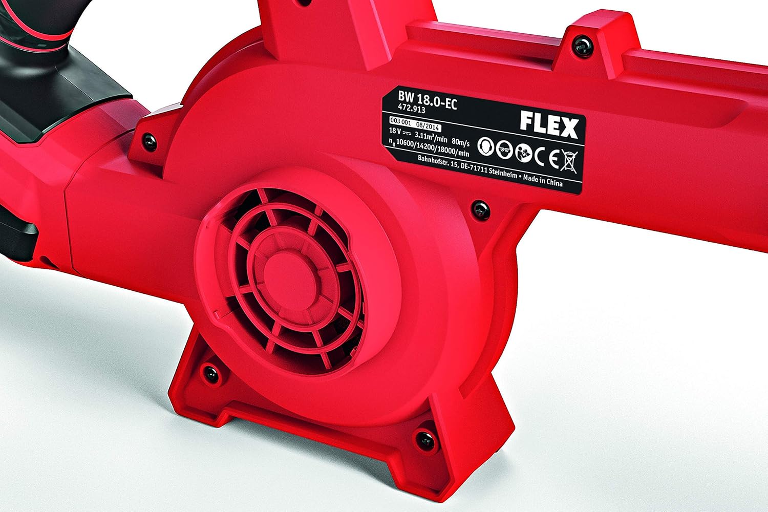 Flex Akku-Gebläse BW 18.0-EC (Laubbläser, 18V, Luftgeschwindigkeit: 80 m/sec, Luftvolumen max. 3,11 m³/min, ohne Akku) 472913, Rot,Schwarz