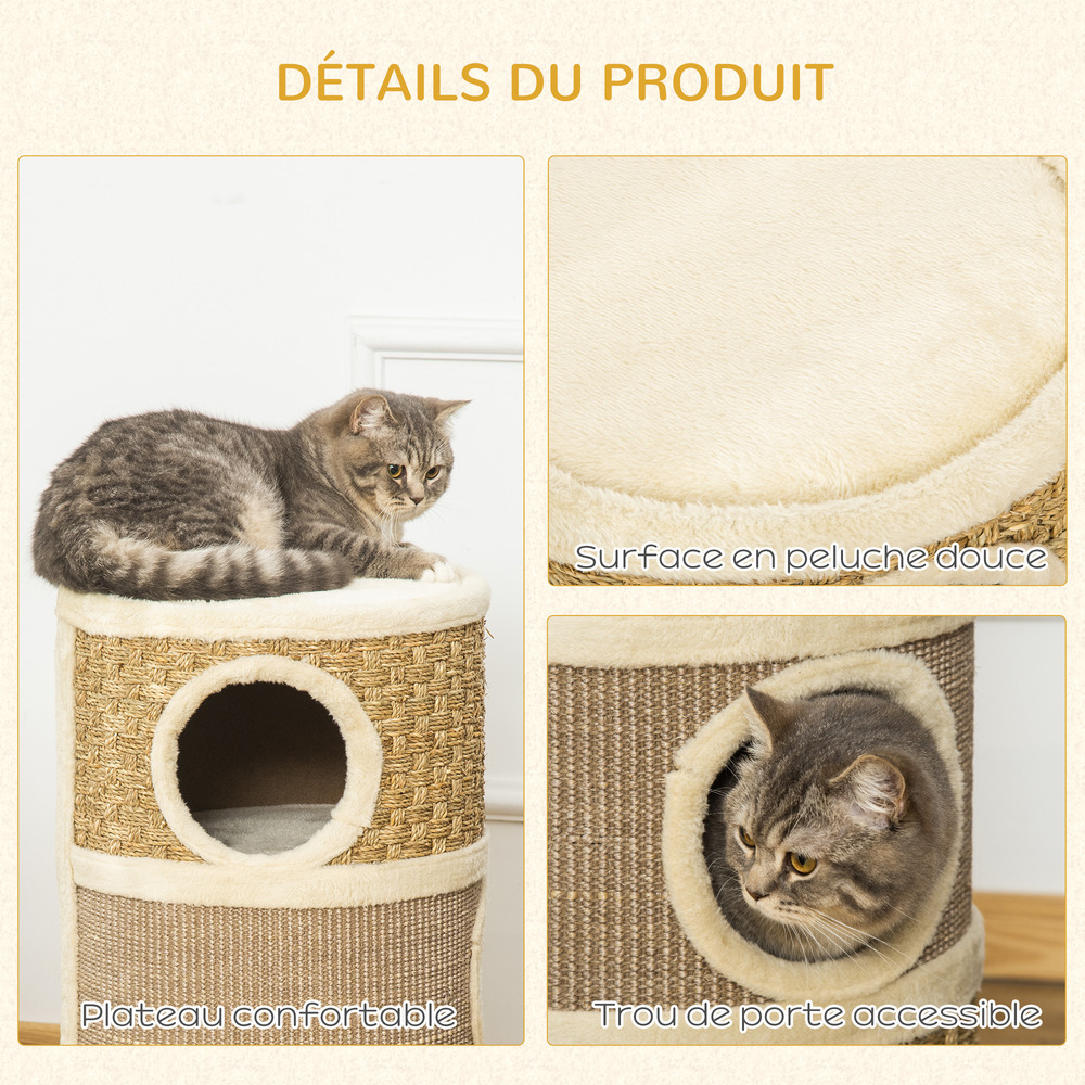 Arbre à chat cylindrique sisal corde d'algues beige - 37,5l x 37,5l x 70h cm