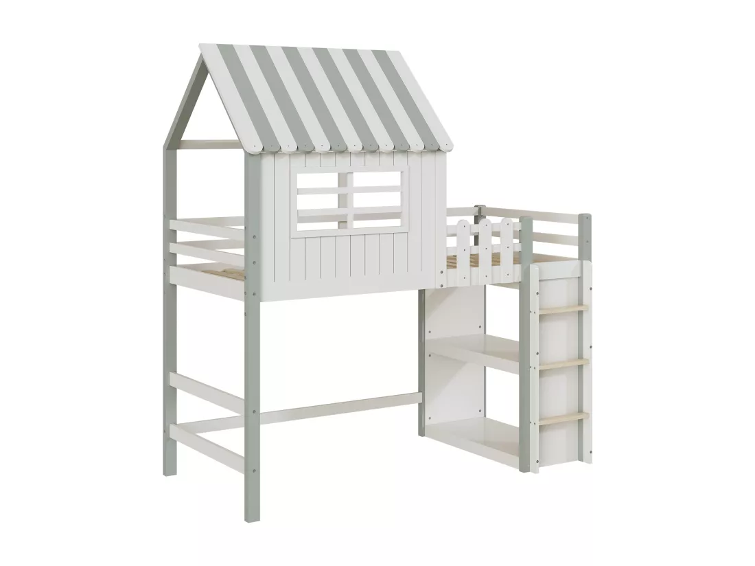 Lit mezzanine 90 x 200 cm - lit cabane avec échelle - Étagère de rangement - Bois massif - Vert
