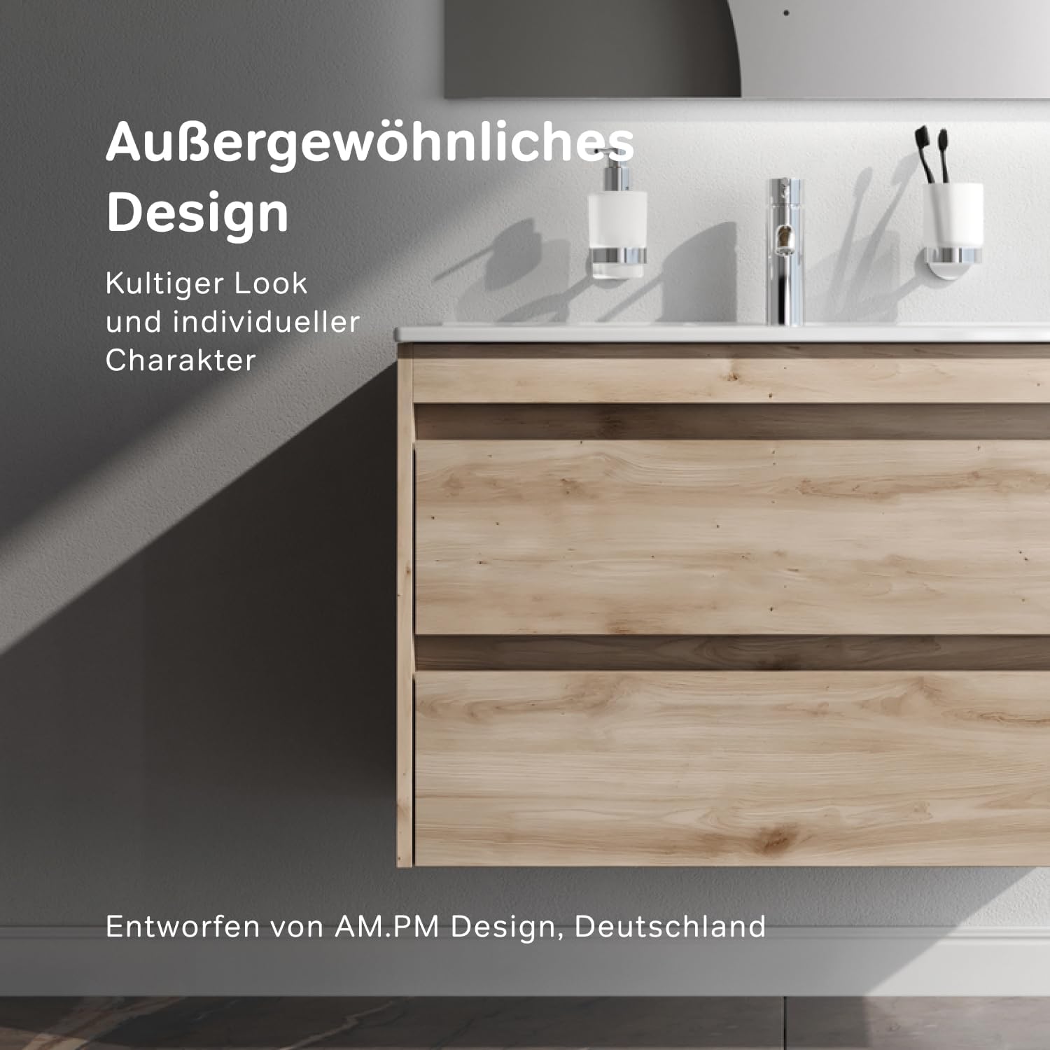AM.PM Waschbeckenunterschrank Hängend mit Waschbecken, Badmöbel Set für Badezimmer & Gäste-WC, Waschtischunterschrank mit 2 Schubladen, Spike Eiche (81/56 cm)