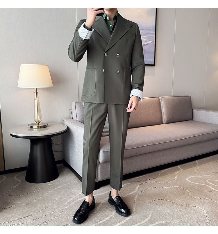 Deepwood - Peak Lapel Plain Double-Breasted Blazer / Mid Rise Tapered Dress Pants / Set