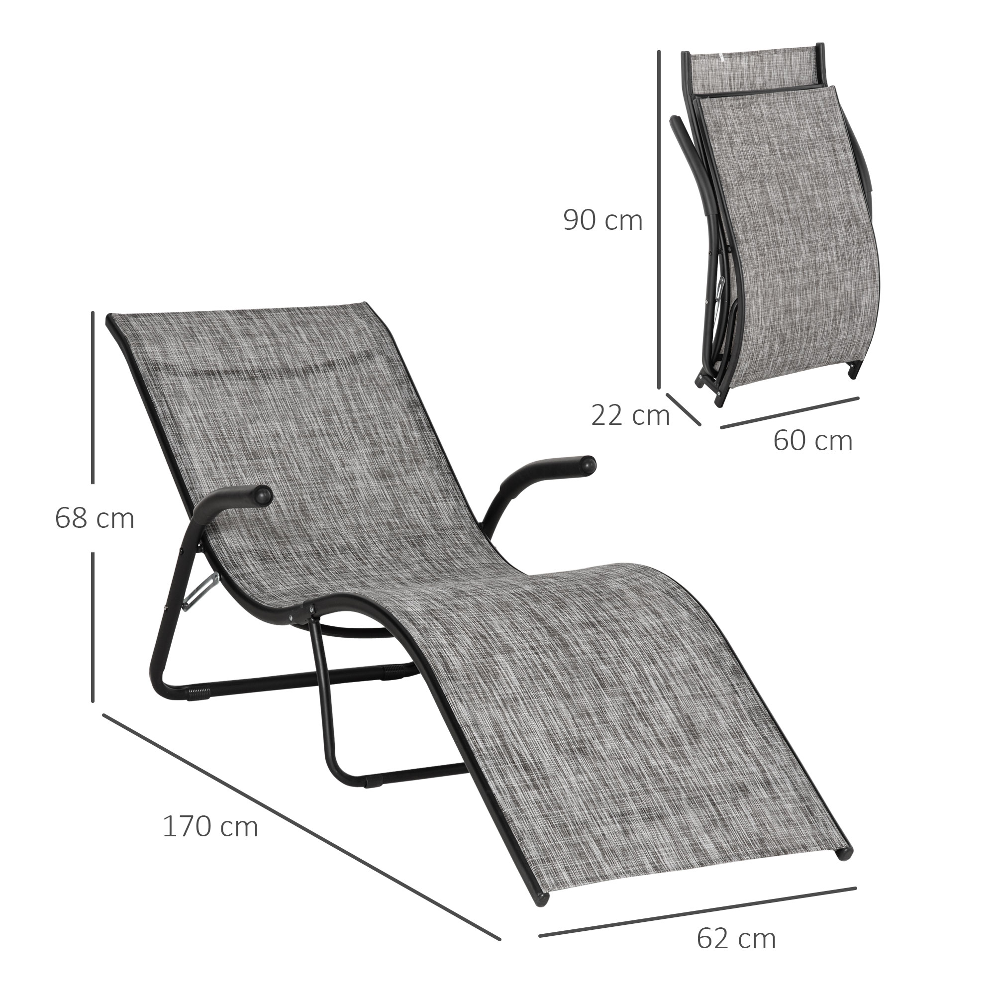 Conjunto de 2 espreguiçadeiras dobráveis Outsunny, espreguiçadeiras de jardim com apoios de braço, apoio para os pés e encosto, capacidade de carga de 160 kg para terraço, praia, camping e uso ao ar livre, 170x62x68 cm, cinza