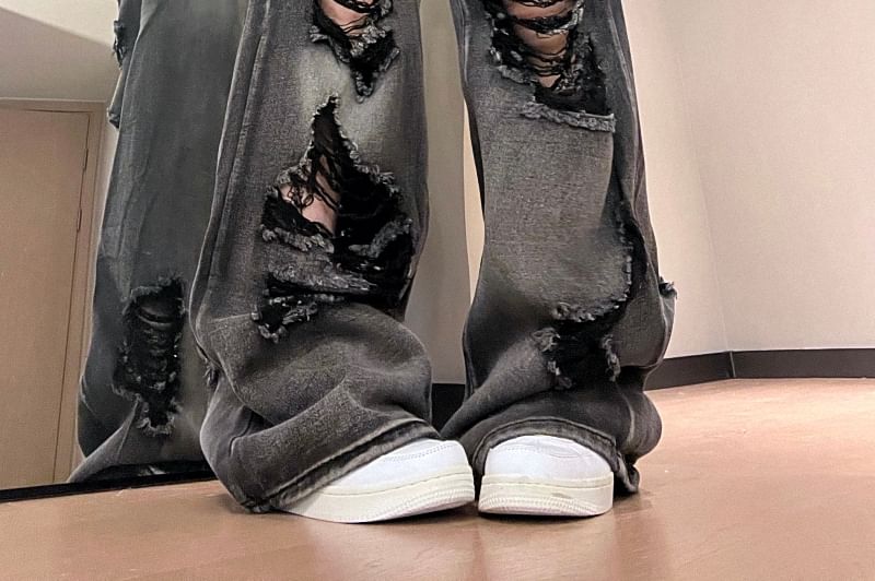 Porstina - Low Rise Ripped Wide Leg Jeans