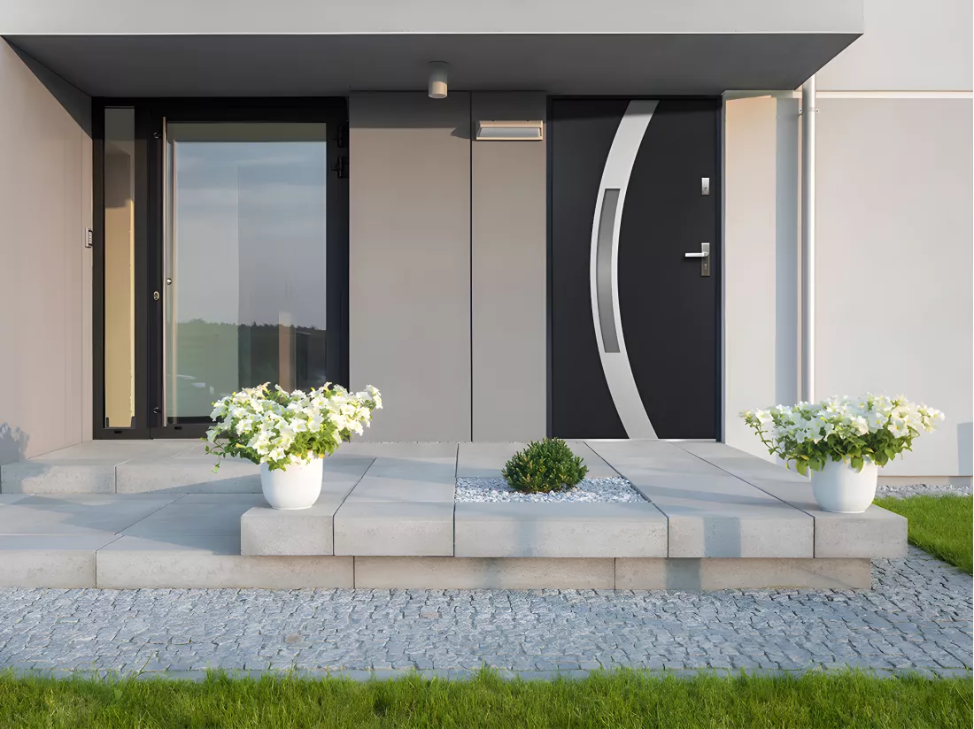 Porte d'entrée en acier vitrée avec inox H207 x L100 cm anthracite - poussant gauche - TROFA