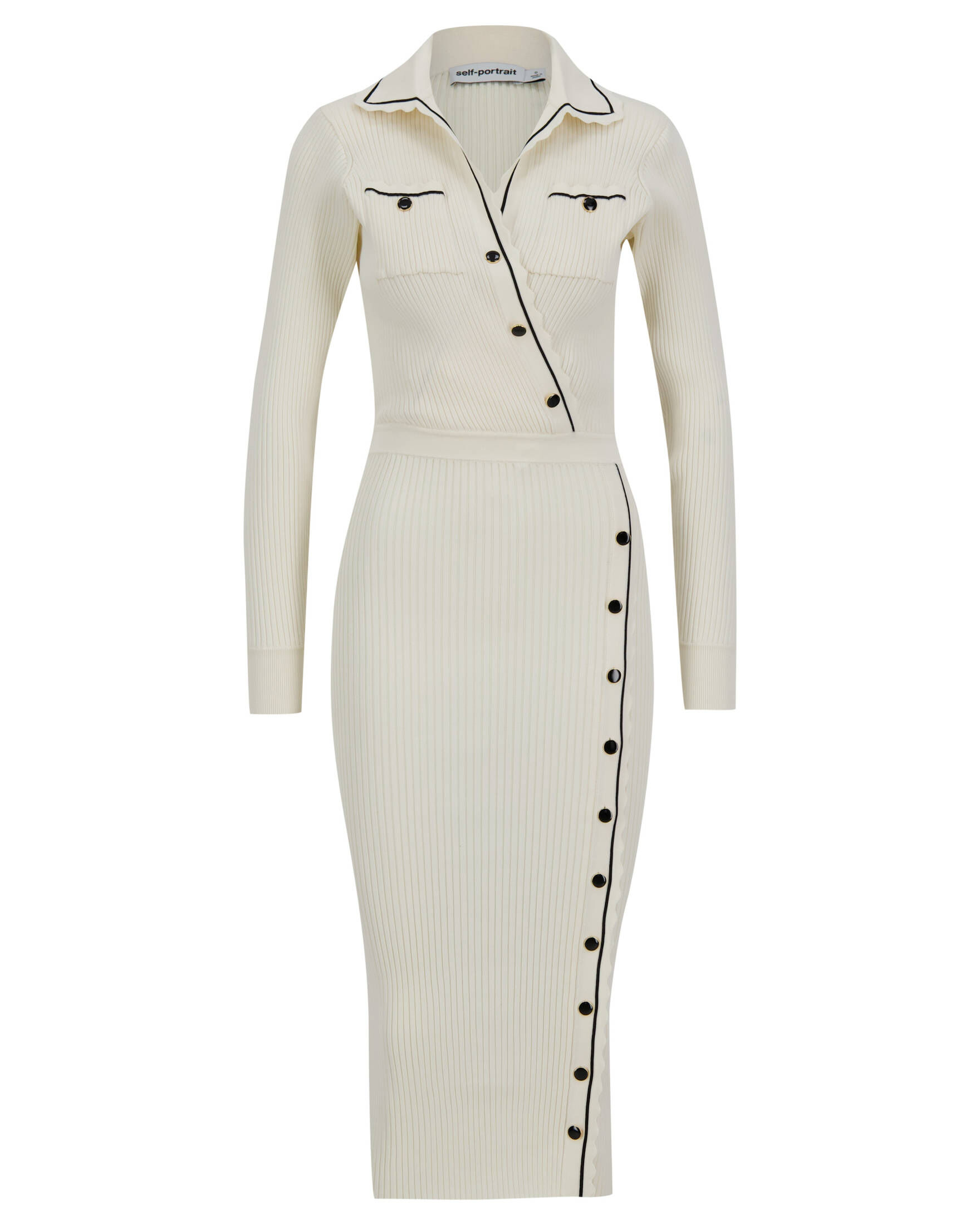 self-portrait| Damen Strickkleid IVORY CONTRAST STITCH RIBBED KNIT DRESS