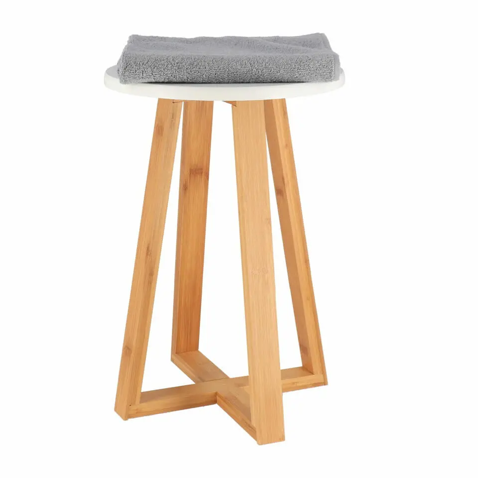 Tendance Bijzet krukje - wit - bamboe hout - D30 x H43 cm