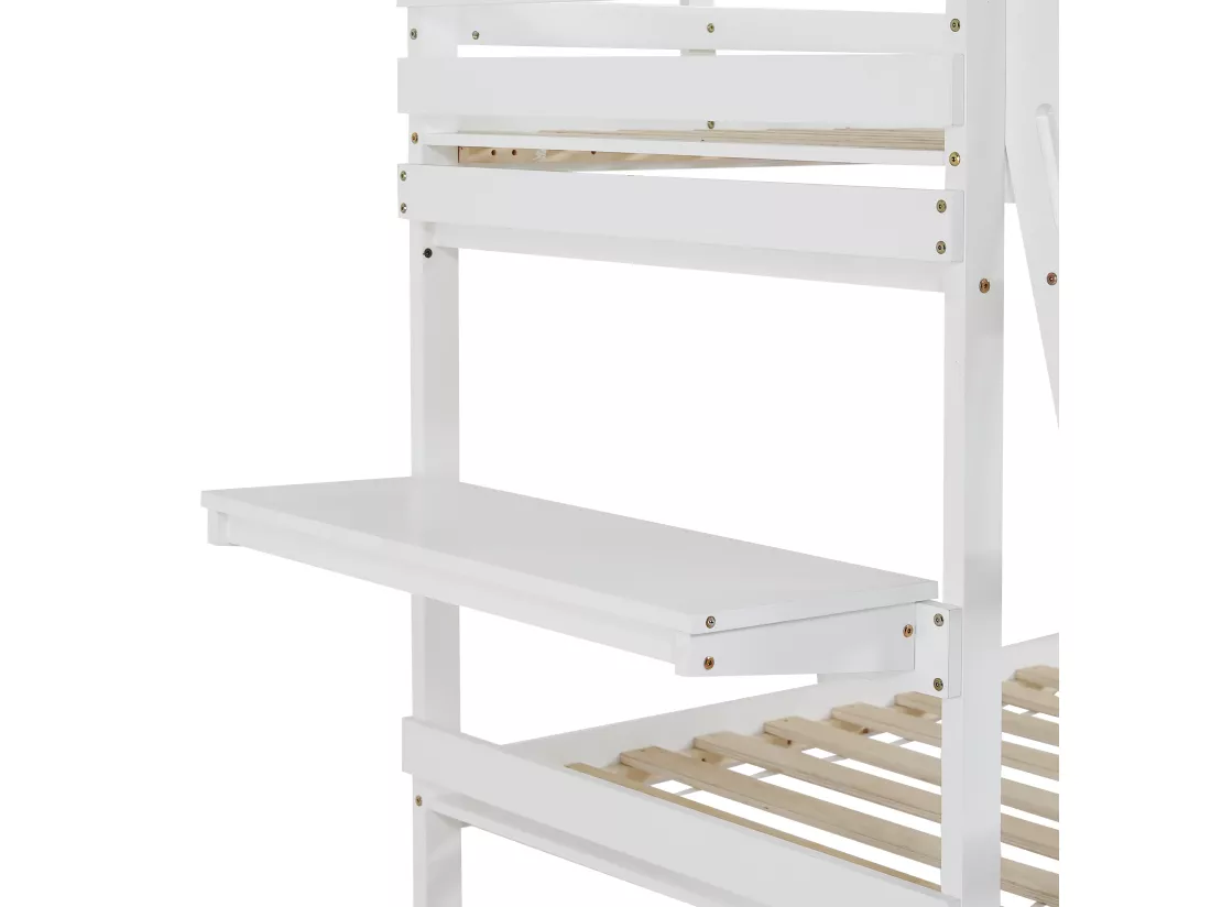 Lit superposé 90x200cm en bois - avec une table pilante - Blanc