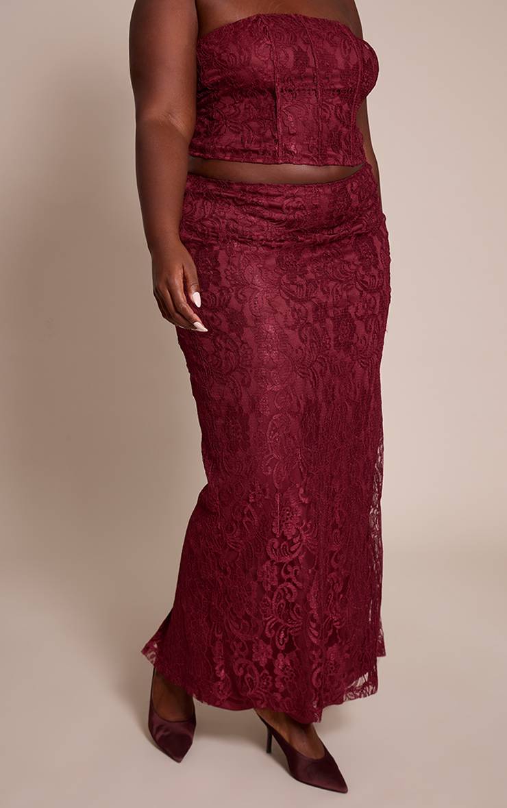 Rouge Vin Jupe Longue En Dentelle Assortie Grande Taille