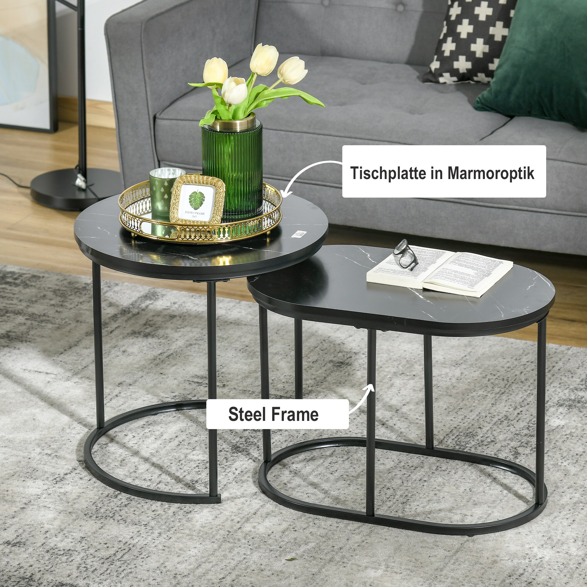 HOMCOM Couchtisch-Set ineinander Verstaubar schwarz 50L x 50B x 50,5H cm