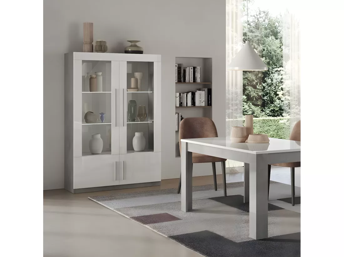 CLARK - Vitrine 4 Portes Laquée Blanc et Marbre Poignées Métal avec Leds
