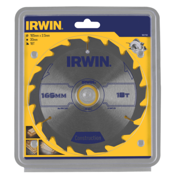 Irwin cirkelzaagblad Ø165 mm. Inclusief reduceerringen waardoor geschikt voor asgat 16, 20 en 30 mm, vertanding 18T