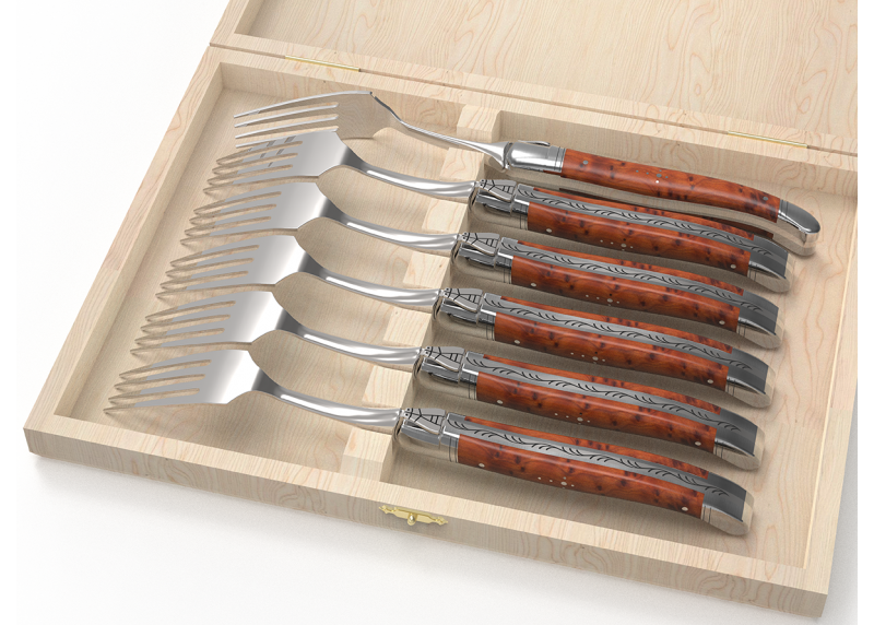 Service de 6 fourchettes Laguiole avec un manche en loupe de thuya et mitres en acier inoxydable