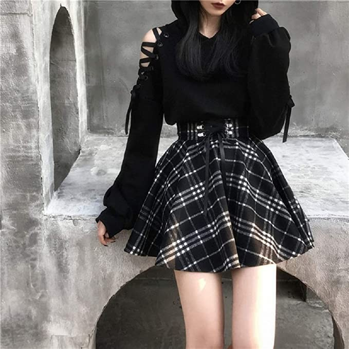 (Gr. L) Schulterfreier Pullover Gothic Sweater Bauchfreier Hoodie mit Katzenohren - Schwarz