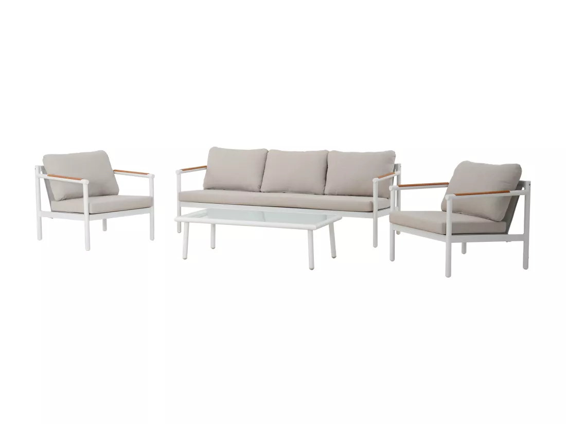 Salon de jardin en aluminium : un canapé 3 places, 2 fauteuils et une table basse - Blanc coussins beiges - LAKIT de MYLIA
