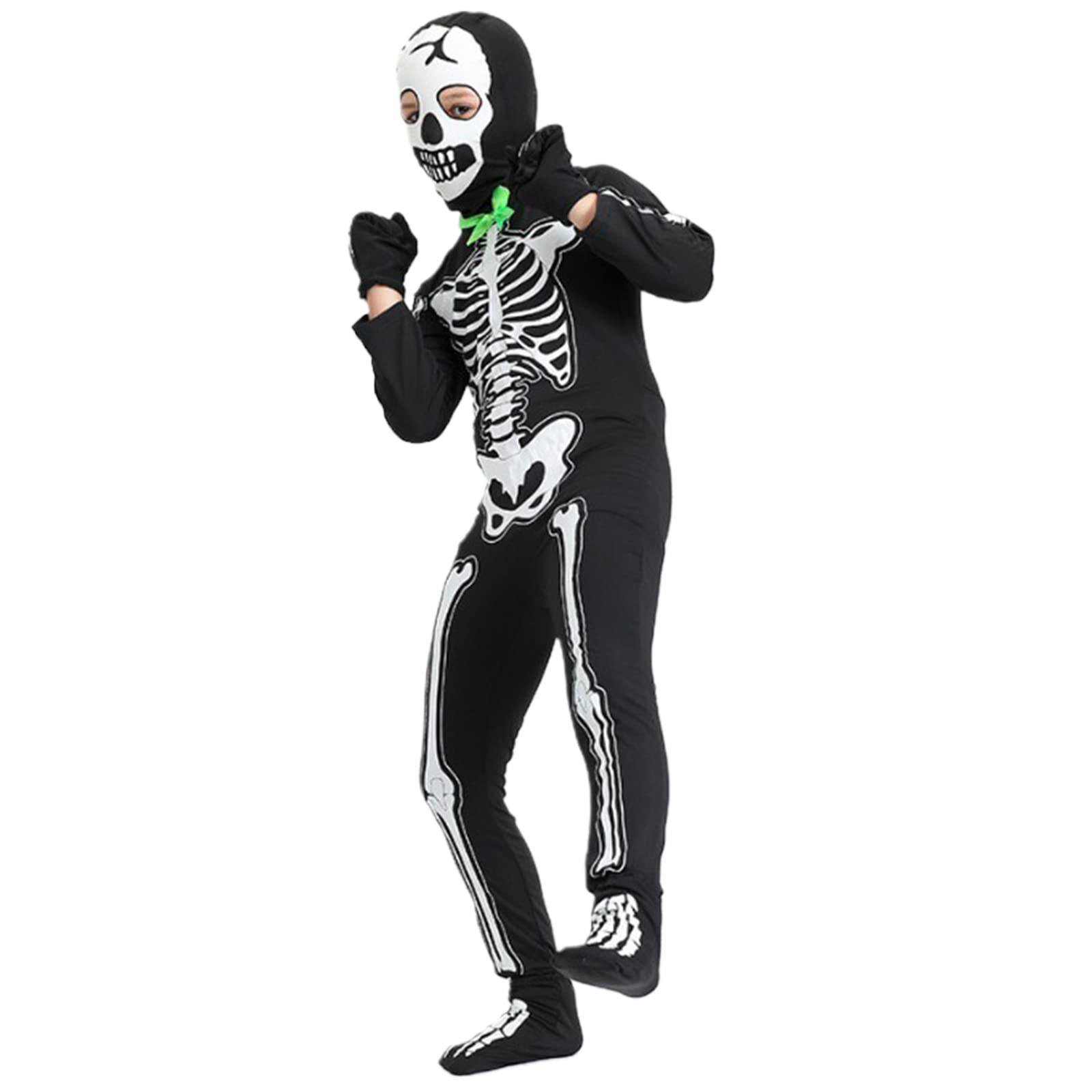 (120cm) Fasnachts Kinder Kostüm Glow in the Dark Skelett Overall Verkleidung für Motto Partys / Halloween inkl. Stoff Maske / Handschuhe / Socken