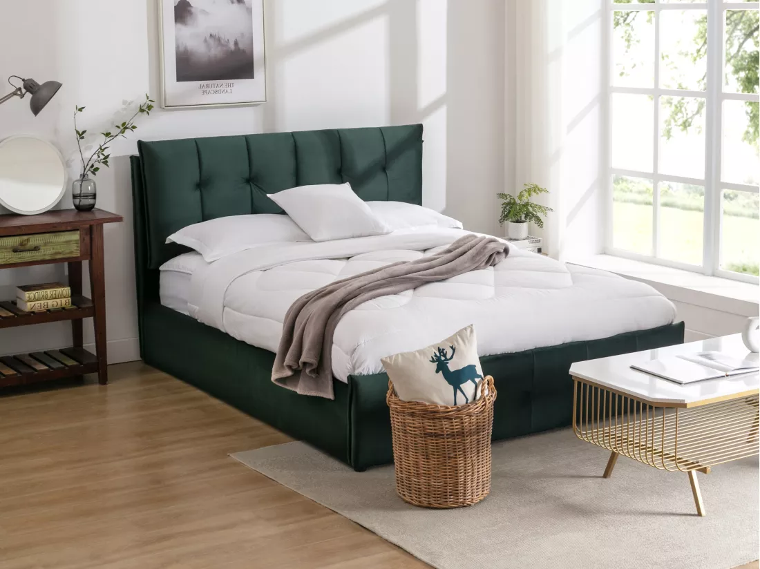 Lit coffre 160 x 200 cm - Velours - Vert + Matelas - OLERIA