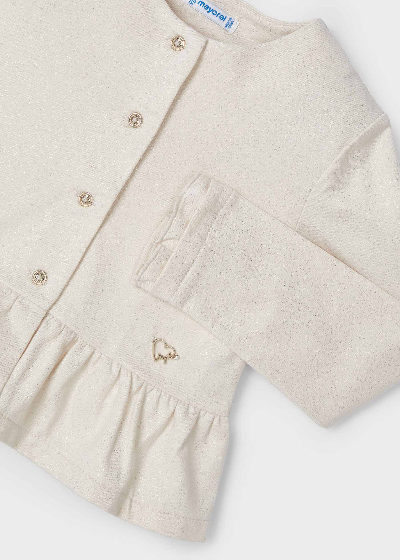 Cardigã infantil Better Cotton com babados e glitter, cor Garbanzo.