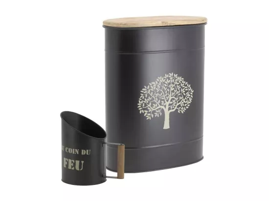 Tabouret et seau à pellets avec pelle Au coin du feu Métal noir Arbre