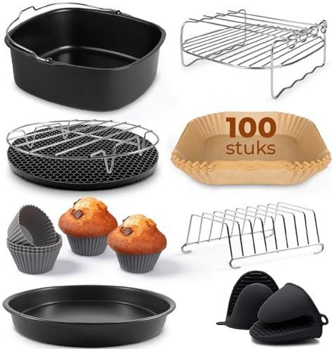 Fentic - Airfryer Accessoires - 19-delig - Geschikt voor XL en XXL Airfryers - BPA-vrij - Inclusief Airfryer Bakpapier en E-Receptenboek