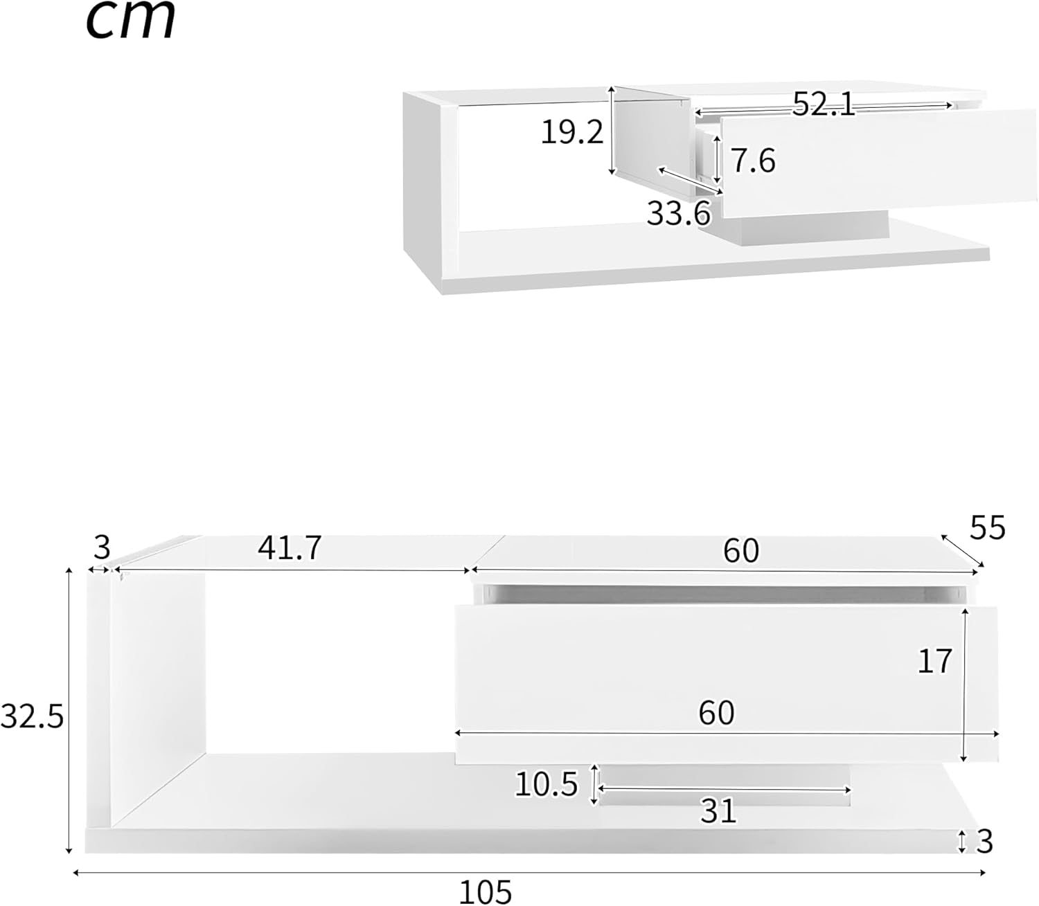 Merax Wohnzimmertisch, LED Couchtisch mit Schubladen, Hochglanz Kaffeetisch mit Stauraum, Modern Coffee Table, 105L x 55B x 32,5H cm, Weiß