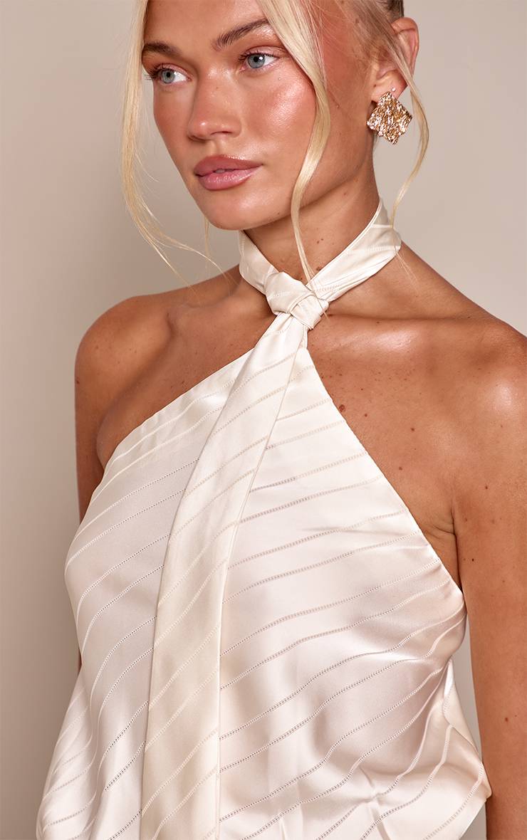 Crème Robe Courte En Satin À Rayures Avec Détail Noué