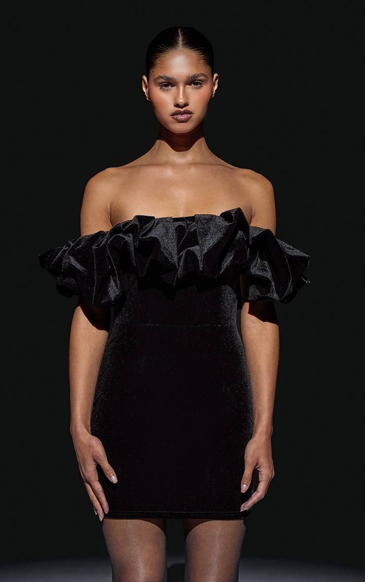 Noir Robe Moulante En Velours À Volant Bardot