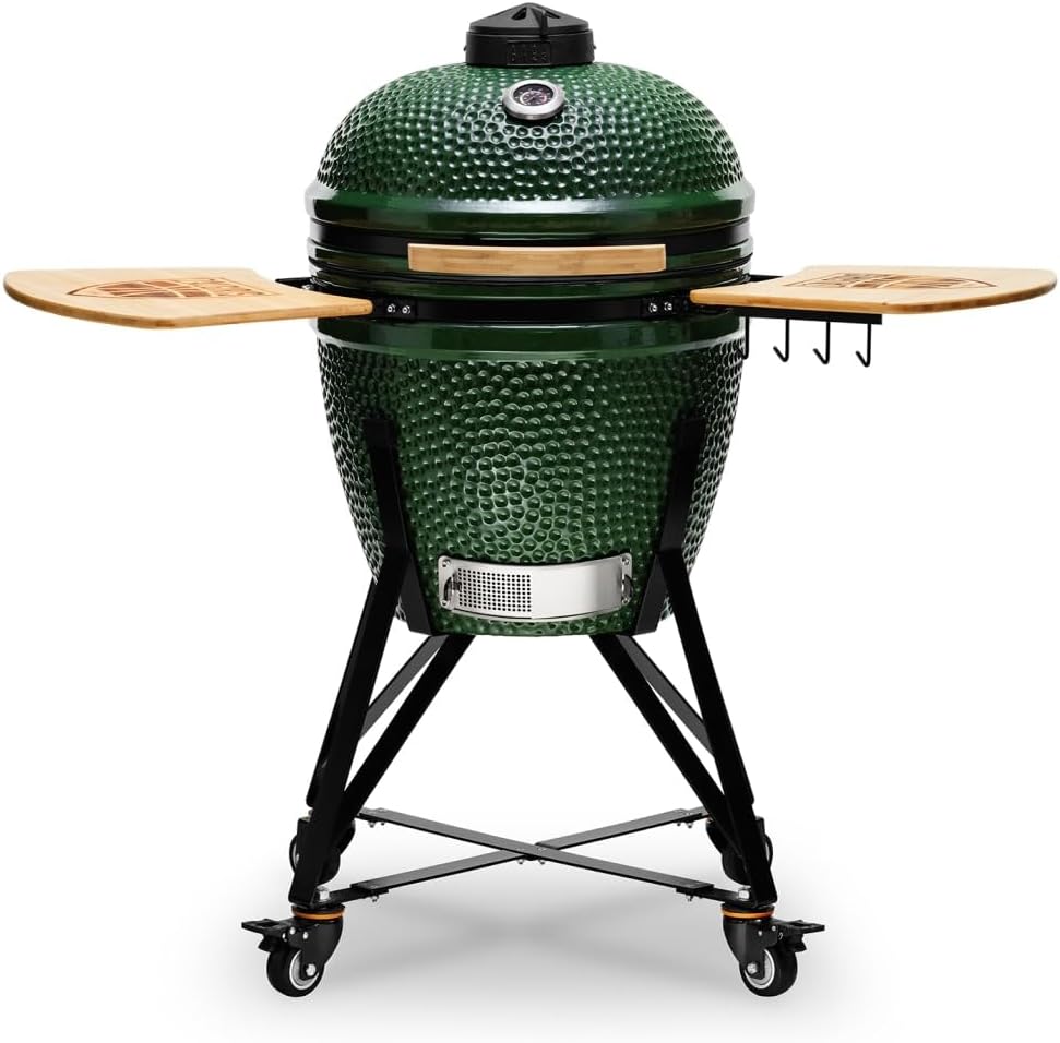 Kamado BONO Green Egg BBQ-Grill, Ø 55cm Kamado BBQ-Holzkohlegrill mit Dual-Zone-Grillsystem, Keramik-BBQ-Smoker zum Kochen, Räuchern und Backen