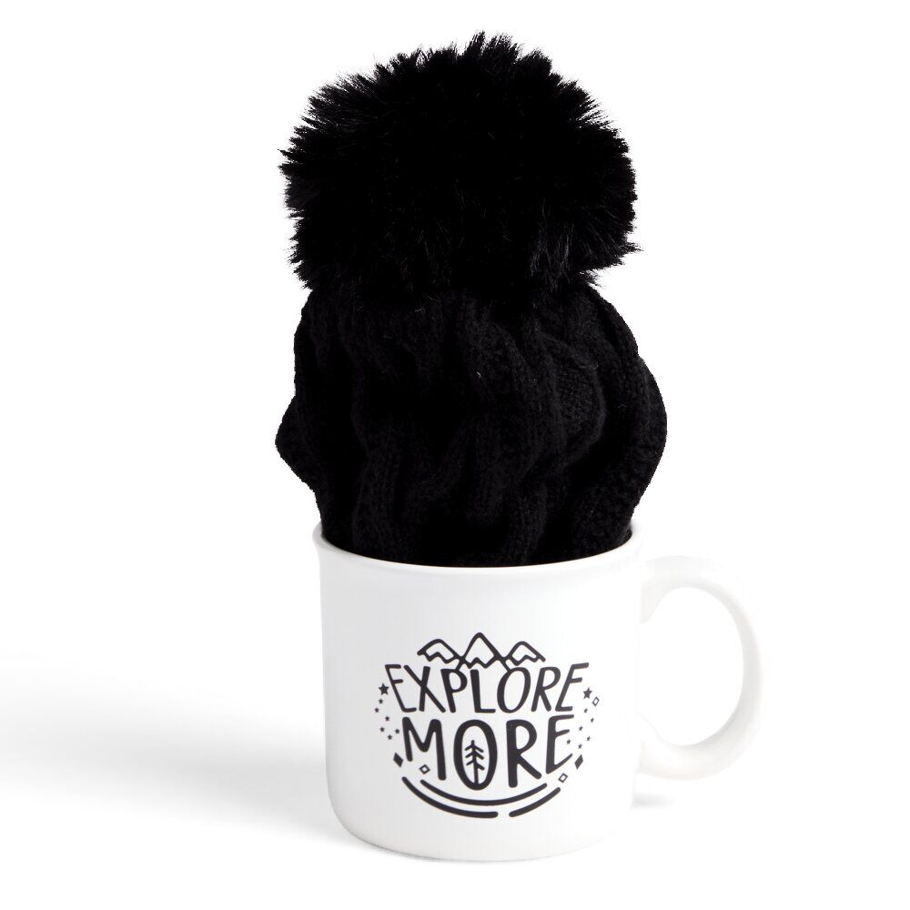 Ensemble mug 450ml faïence avec bonnet à pompon noir