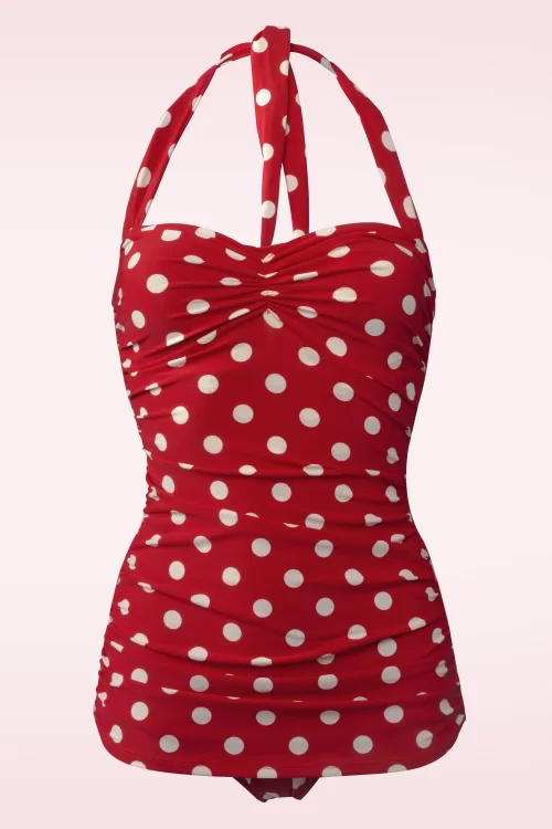 Esther Williams Klassiek badpak met polkadots in rood en wit