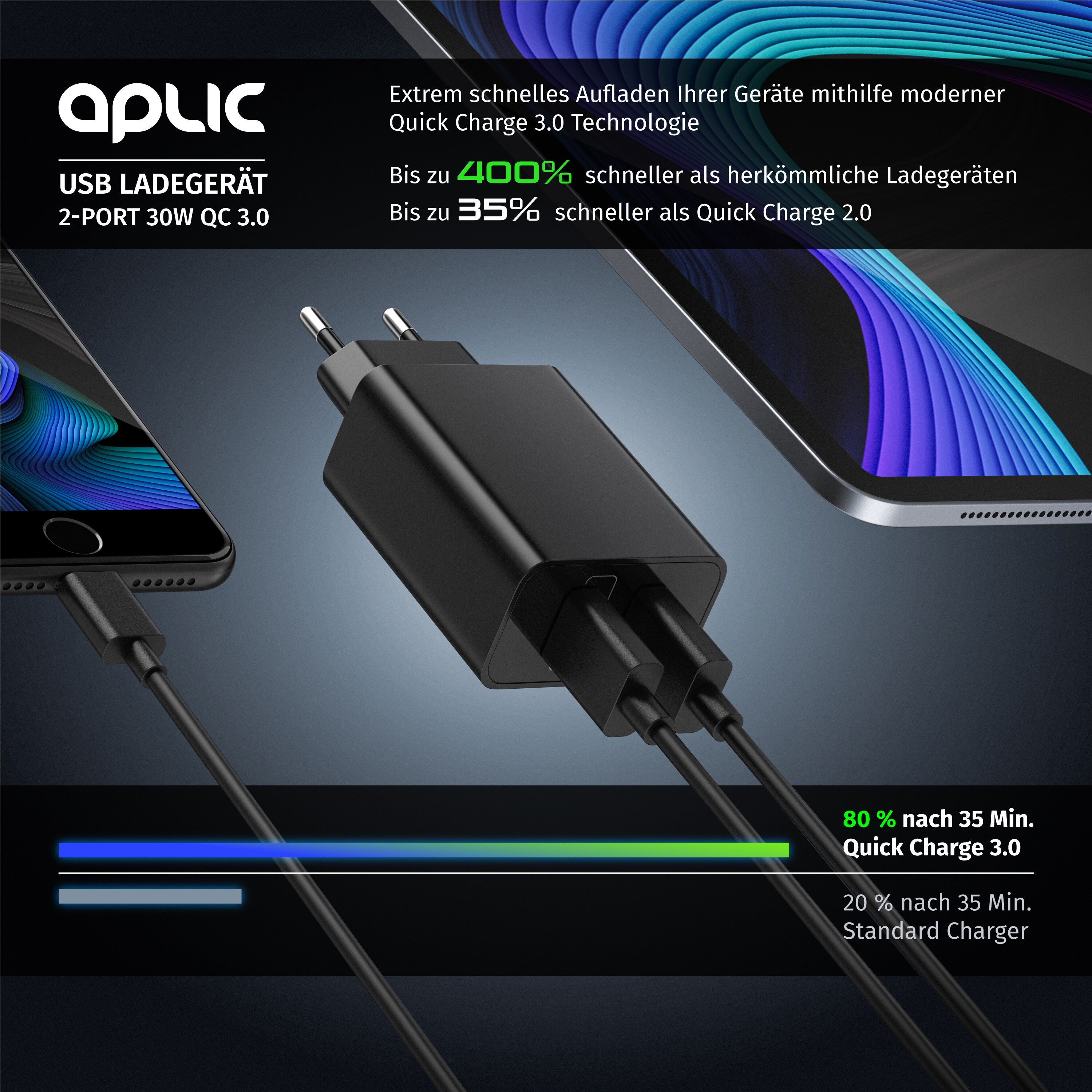 Aplic USB-Ladegerät 3000 mA, 2-Port, 30W, Quick Charge 3.0 (QC 3.0) Schnelladefunktion