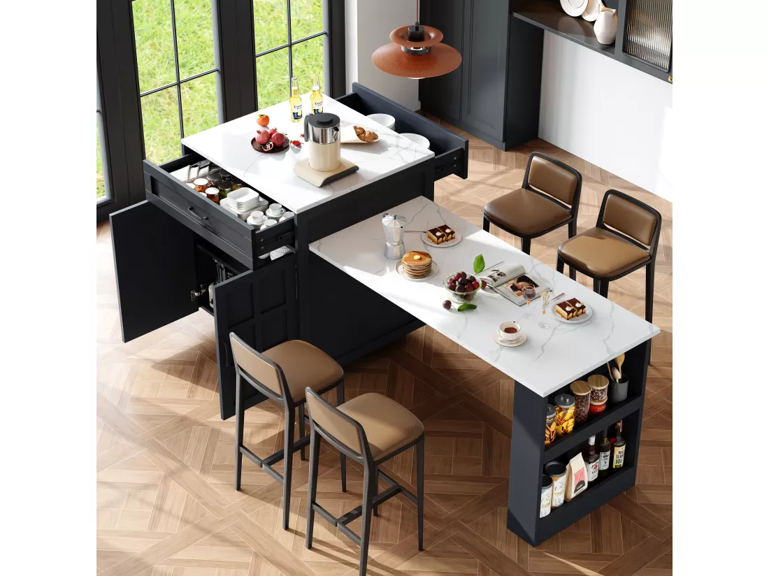 Ilot central de cuisine, table à manger 4 à 6 couverts - 2 tiroirs, 2 portes et étagères - 133/202 x 70 x 93.5 cm - MDF - Noir