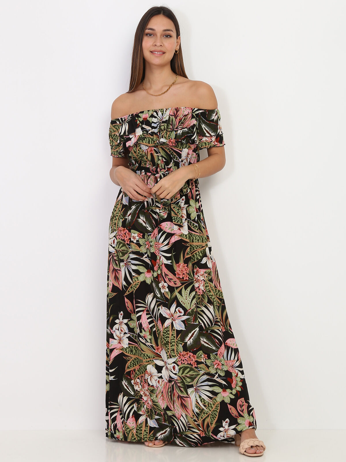 Robe col bardot à motif fleurs tropicales- Noir