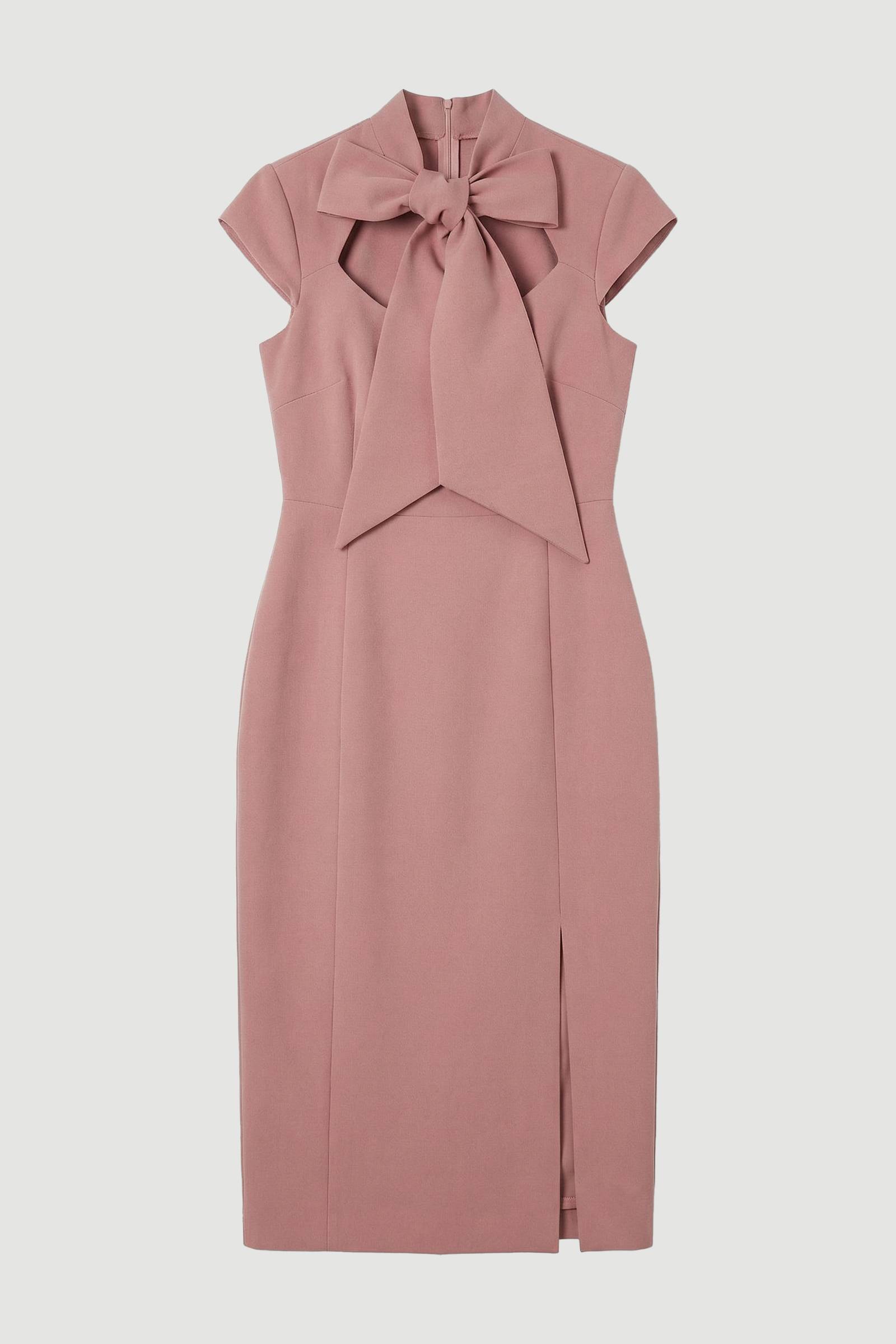 KarenMillen Robe Crayon Mi-Longue Ajustée à Col Nœud Papillon en Stretch Compact Petite Taille